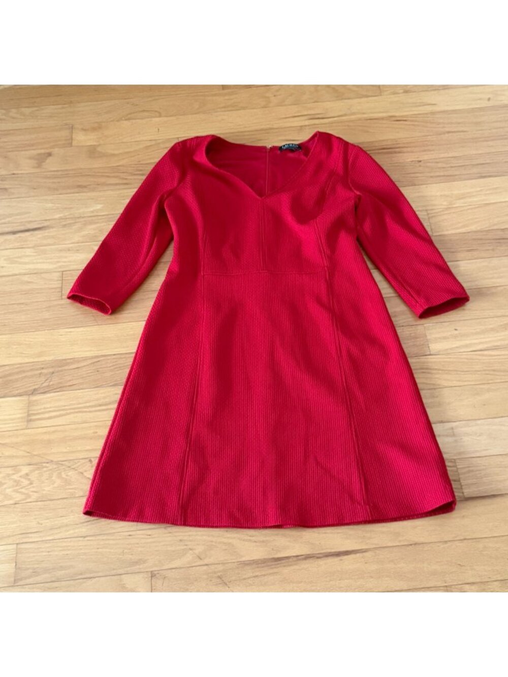 Chaps Women's Large Red 3/4 Sleeve V-Neck Flared Dress
